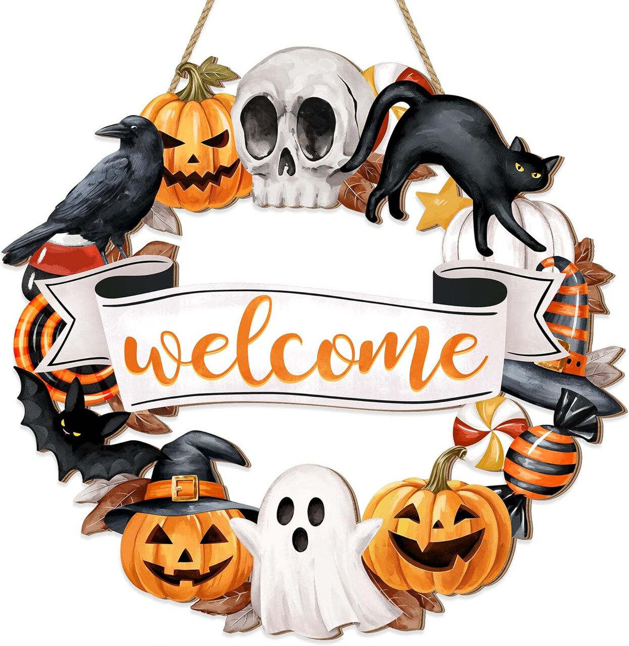Halloween Wooden Wreath – Ghost, Black Cat, Pumpkin & Skull Door Hanging Sign, Rustic Spooky Halloween Welcome Decoration for Front Door, Wall, or Party (Welcome Wreath)